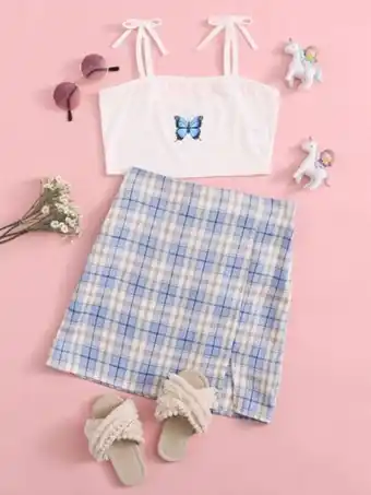 SHEIN Shein conjunto top de tirantes con estampado de mariposa con tiras con nudo con falda bajo con abertura oferta