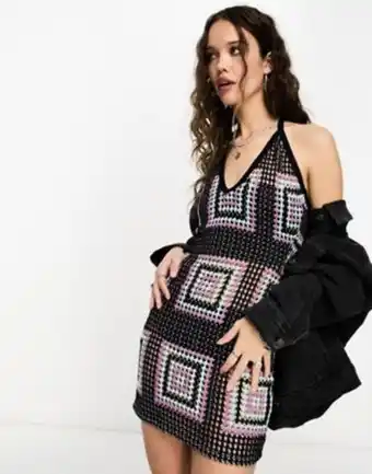 ASOS Asos design crochet halter mini dress in black and lilac oferta