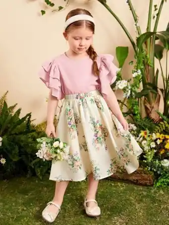 SHEIN Shein niñas ribete con fruncido top & con estampado floral falda oferta