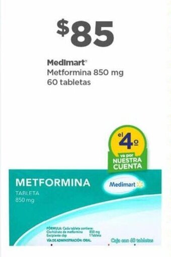 Bodega Aurrerá Medimart Metformina 850 mg 60 tabletas oferta