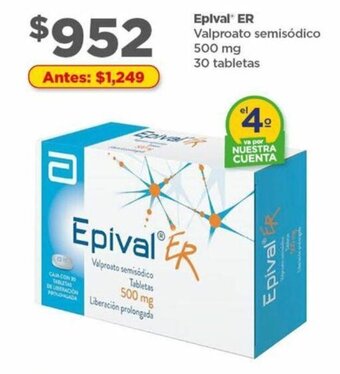 Epival® ER Valproato semisódico 500 mg 30 tabletas