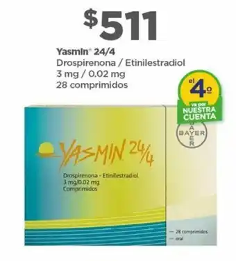 Bodega Aurrerá Yasmin 24/4 Drospirenona / Etinilestradiol 3mg / 0.02mg 28 comprimidos oferta