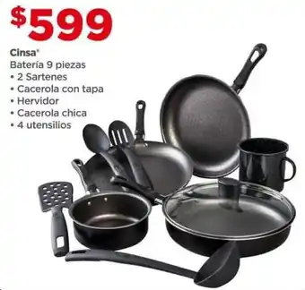 Bodega Aurrerá Cinsa Batería 9 piezas • 2 Sartenes • Cacerola con tapa • Hervidor Cacerola chica • 4 utensilios oferta