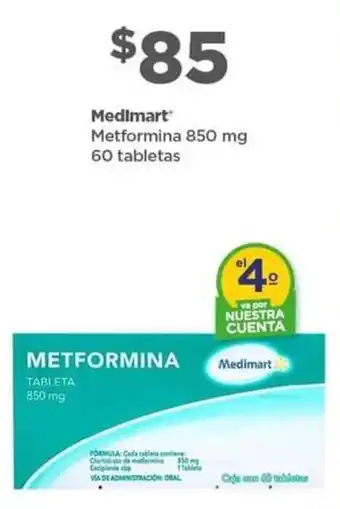 Bodega Aurrerá Medimart Metformina 850 mg 60 tabletas oferta