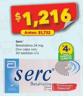 Bodega Aurrerá Serc Betahistina 24 mg Dos cajas con 30 tabletas c/u oferta