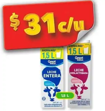 Bodega Aurrerá Great Value LECHE ENTERA / DESLACTOSADA 1.5L oferta