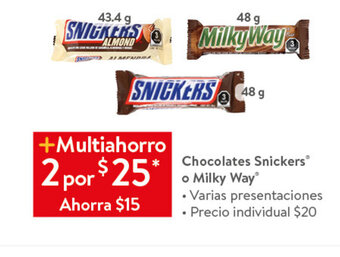 Walmart Chocolates Snickers o Milky Way® • Varias presentaciones 2 x 43.4g / 48g oferta