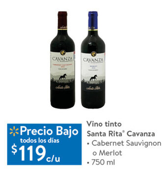 Walmart Vino tinto Santa Rita Cavanza • Cabernet Sauvignon o Merlot 750ml oferta