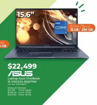 Office Depot Laptop asus vivobook 15 x1502za-bq575w/ intel core i7 / 15.6 pulg. / 256gb ssd / 12gb ram / azul oferta