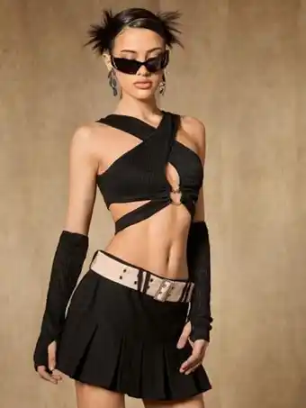 SHEIN Shein icon top crop vinculado con aro con tira cruzada con mangas de brazo oferta