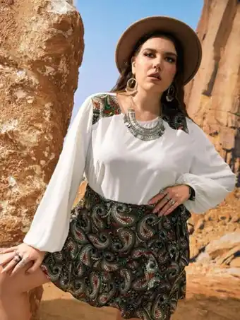 SHEIN Shein vcay top con estampado de paisley de manga farol & falda cruzado bajo con fruncido oferta