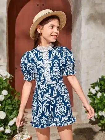 SHEIN Shein chicas 1 pieza mono con estampado floral con encaje en contraste de manga farol bajo con fruncido oferta