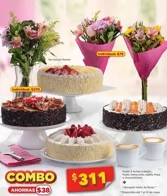 Bodega Aurrerá Combo Pastel 3 leches a elegir: frutal, mokaccino, cajeta, fresa o chocolatísimo + Bouquet mixto de flores oferta