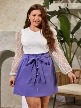 Emery rose top con diseño de perla de manga con malla en contraste & falda de cintura con volante con cinturón