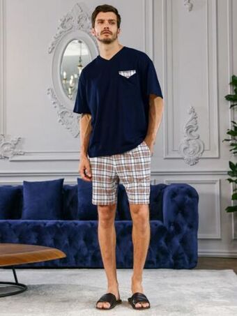 SHEIN Hombres conjunto de pijama con estampado de cuadros oferta