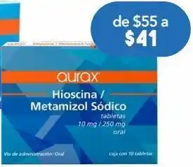 Butilbromuro de hioscina 10.0 mg metamizol sódico 250.0 mg aurax 10 tabletas caja