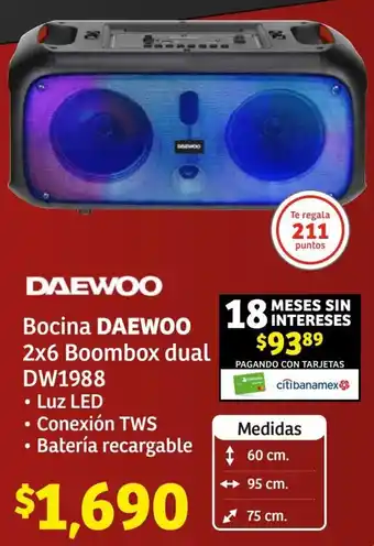 Soriana Híper Bocina DAEWOO 2x6 Boombox dual DW1988 oferta