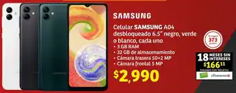 Soriana Híper Celular SAMSUNG A04 desbloqueado 6.5" negro, verde o blanco, cada uno oferta