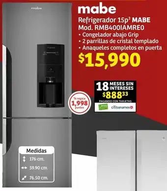 Soriana Híper mabe Refrigerador 15p³ MABE Mod. RMB400IAMREO oferta
