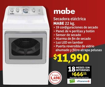 Soriana Híper mabe Secadora eléctrica MABE 22 kg. oferta
