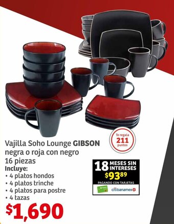Soriana Híper Vajilla Soho Lounge GIBSON negra o roja con negro 16 piezas oferta