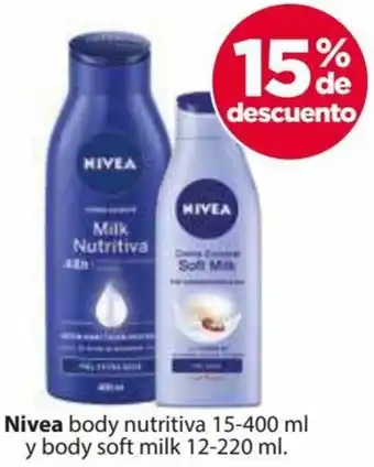 Nivea body nutritiva 15-400 ml y body soft milk 12-220 ml.