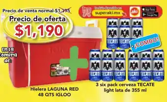 Hielera LAGUNA RED 48 QTS IGLOO + 3 six pack cerveza TECATE light lata de 355 ml