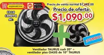 Ventilador TAURUS rush 20" + ventilador piso OASIS de 10" TAURUS