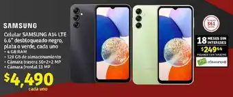 SAMSUNG Celular SAMSUNG A14 LTE 6.6" desbloqueado negro, plata o verde, cada uno