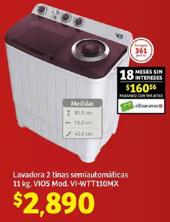 Soriana Express Lavadora 2 tinas semiautomáticas 11 kg. VIOS Mod. VI-WTT110MX oferta