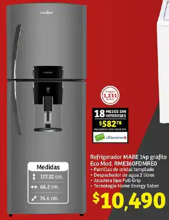 Refrigerador MABE 14p grafito Eco Mod. RME360FDMRE0 • Parrillas de cristal templado • Despachador de agua 2 litros