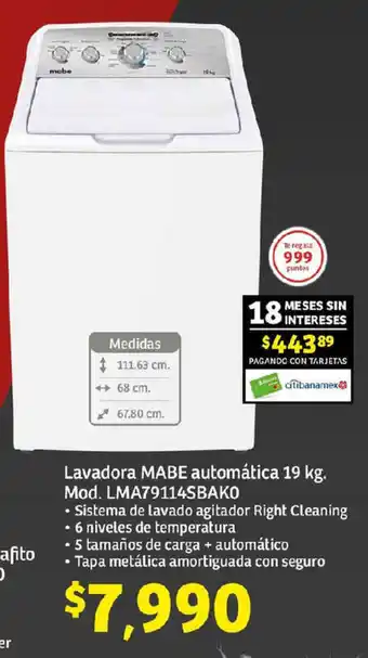 Soriana Express Lavadora MABE automática 19 kg. Mod. LMA79114SBAKO oferta