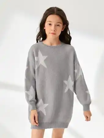 SHEIN Shein niñas vestido de punto con patrón de estrella de hombros caídos oferta
