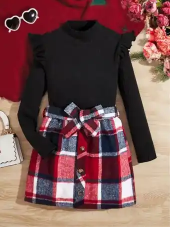 SHEIN Shein niñas camiseta tejido de canalé ribete con fruncido & falda con estampado de cuadros con cinturón oferta