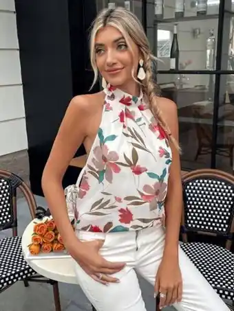 Shein frenchy blusa con estampado floral con cordón trasero de cuello halter