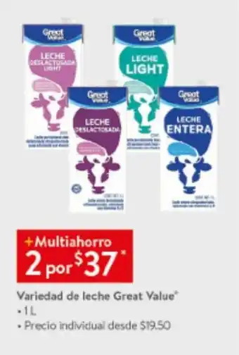 Walmart Variedad de leche Great Value 2 x 1L oferta