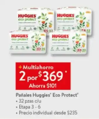 Walmart Pañales Huggies® Eco Protect® 2 x 32 pzas c/u • Etapa 3-6 oferta