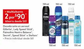 Walmart Desodorante en aerosol Gillette, Lady Speed Stick, Palmolive Neutro Balance, Secret, Speed Stick o Stefano 2 por oferta