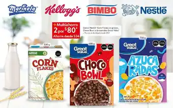 Walmart Cereal Nestlé® Corn Flakes sin gluten, Chaco Bowl o Azucaradas Great Value 2 por oferta