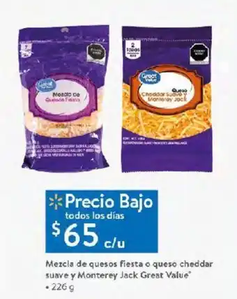 Mezcla de quesos fiesta o queso cheddar suave y Monterey Jack Great Value 226 g