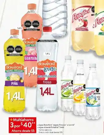 Walmart • Agua Bonafont' Aguas Frescas" o Levite • Agua mineral Peñafiel Twist Varios sabores 3 x 1.4 L oferta