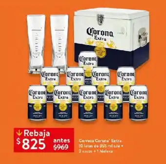 Walmart Cerveza Corona® Extra 10 latas de 355 ml c/u + 2 vasos + 1 hiclera oferta