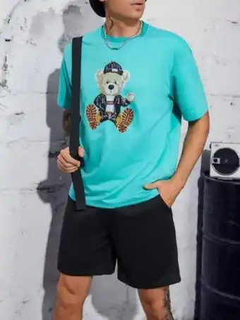 SHEIN Shein hombres camiseta con estampado de oso & shorts de cintura con cordón oferta