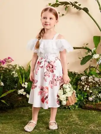 SHEIN Shein niñas de hombros descubiertos top & con estampado floral con lazo delantero falda oferta