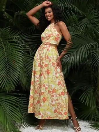 SHEIN Con estampado floral de espalda abierta con cordón top halter & de muslo con abertura falda oferta