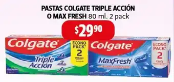 Farmacias Guadalajara PASTAS COLGATE TRIPLE ACCIÓN O MAX FRESH 80 ml. 2 pack oferta