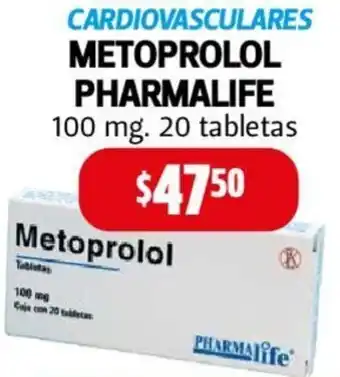 Farmacias Guadalajara CARDIOVASCULARES METOPROLOL PHARMALIFE 100 mg. 20 tabletas oferta