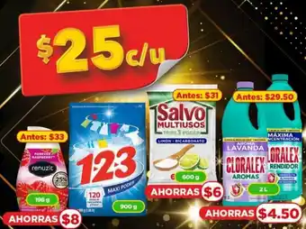 Bodega Aurrerá Renuzit 198g, 1.2.3 900g, Salvo Multiusos 600g, Cloralex 2L oferta