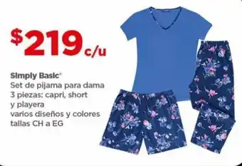 Bodega Aurrerá Simply Basic Set de pijama para dama 3 piezas: capri, short y playera varios diseños y colores tallas CH a EG oferta