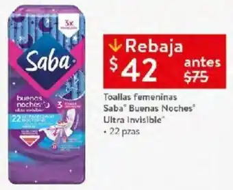 Walmart Toallas femeninas Saba Buenas Noches Ultra Invisible" .22 pzas oferta